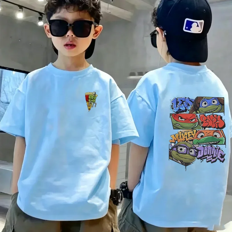 Spring and Summer Best-selling Children's 100% Cotton T-Shirt with Ninja Turtles Cartoon Print -Cool Boys' and Girls' Trendy Top