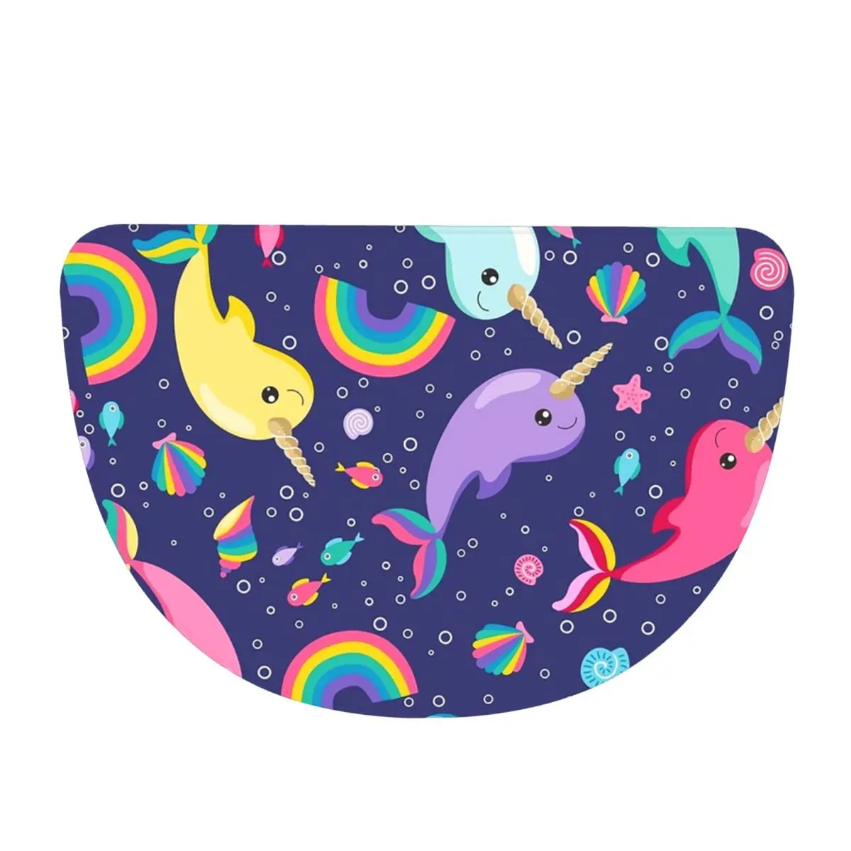 Rainbow Narwhals Under The Sea Blue Soft Flannel Half Round Doormat Non Slip Bathroom Mat Absorbent Floor Carpet for Living Room