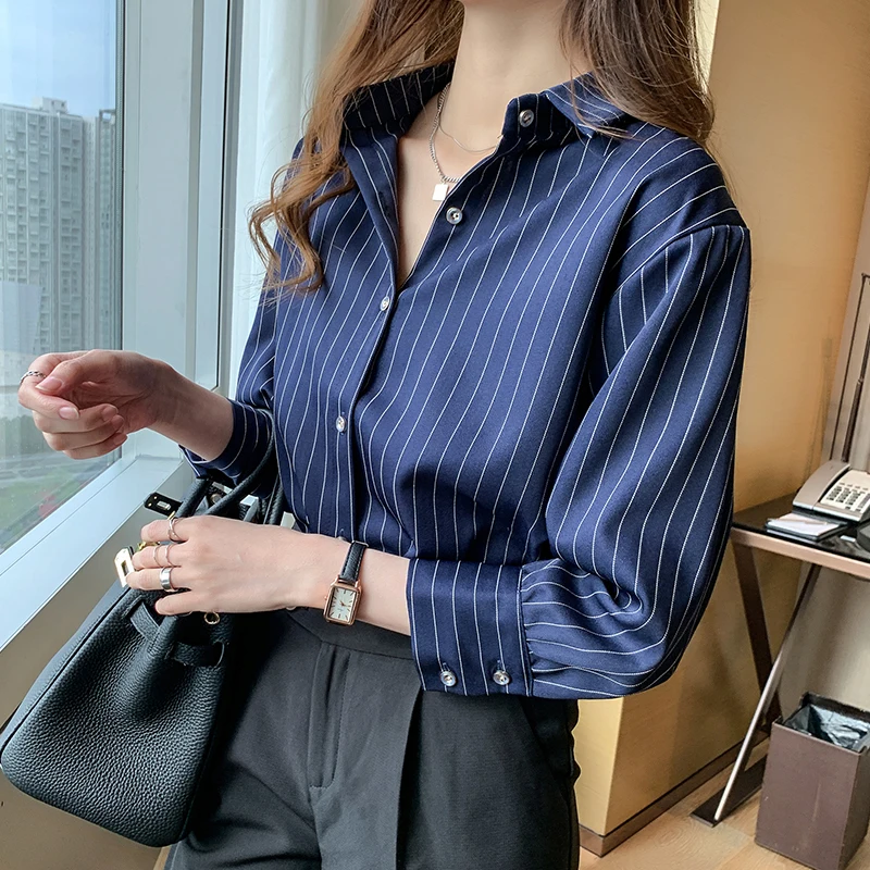 Blusas Mujer De Moda 2024 Blouse Women Turn Down Collar Office Blouse For Women Striped Chiffon Blouse Shirt Women Blouses D393