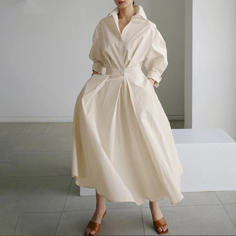 Women Loose Cotton Linen Elastic High Waist Shirt Dress Turndown Neck Ruched Maxi Cardigan Dresses For Women Streetwear