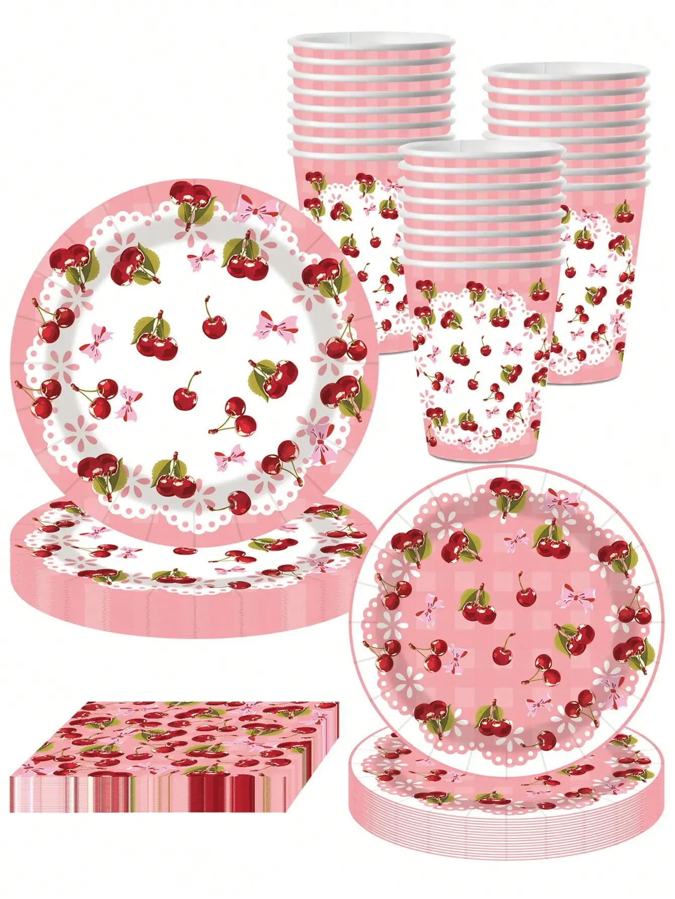 Cherry themed birthday party supplies, plates, paper cups, tissues, fruits, cherries