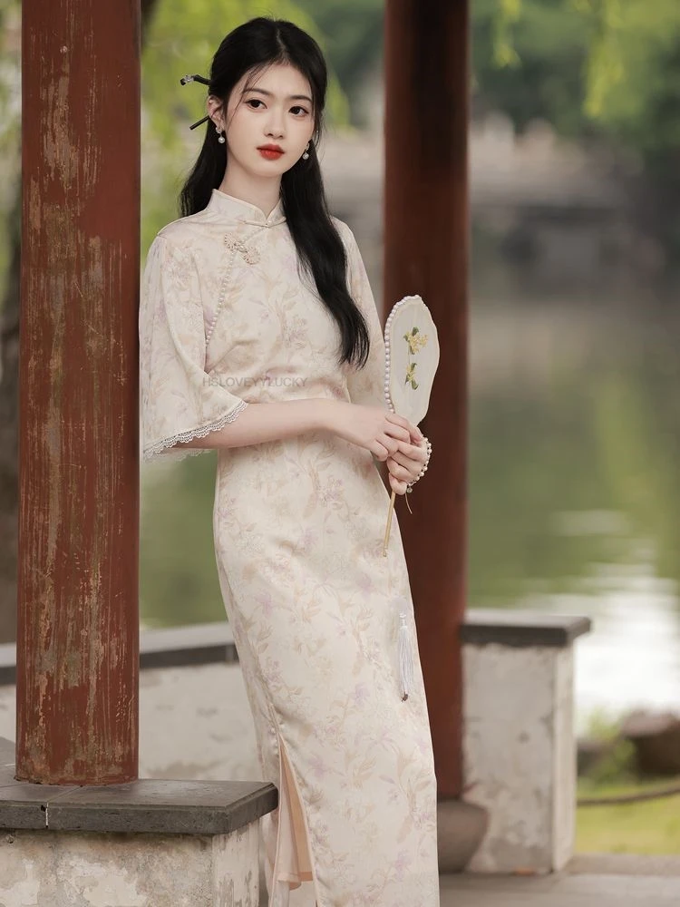 New Chinese Style Improved Girl's Jacquard Cheongsam Summer Elegant Gentle Floral Long Women's Dress Graceful Cheongsam Dress