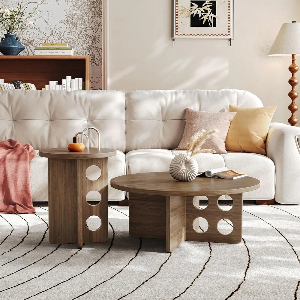 Modern 31.5 Round Nesting Coffee Table Set, 2-Piece Wooden Side Tables for Small Spaces, Brown Grain Top with Adjustable Non-Sli