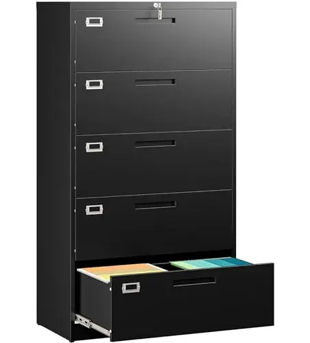 5 Drawer Lateral File Cabinet with Lock,Black Lateral Filing Cabinet,Horizontal Metal Filing Cabinets,Large Locked Wide