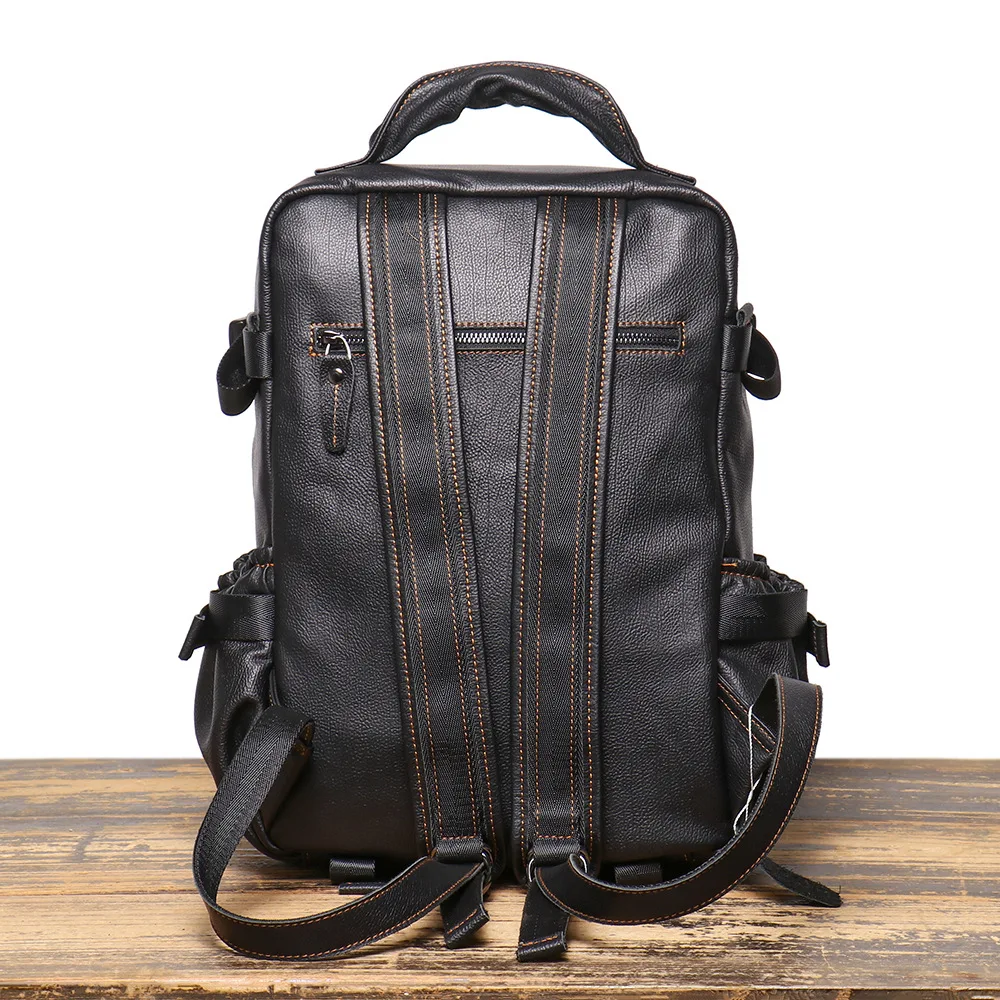 ROOG Fashionable Black Multifunctional Genuine Leather Backpack, Large-Capacity Top-Layer Cowhide Book Bag.