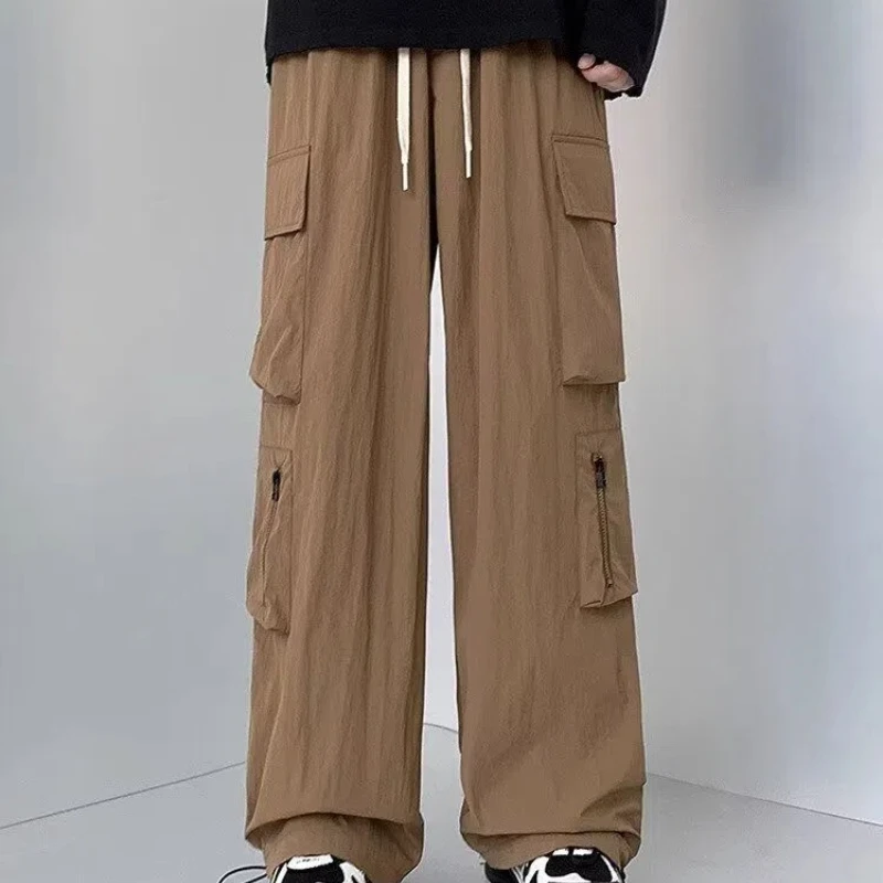 

Мужские однотонные эластичные брюки-карго на молнии с карманами, широкие брюки в стиле преппи, весна-осень