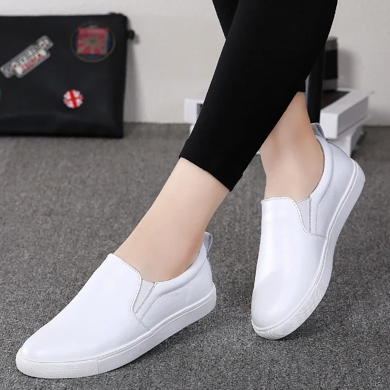 SNURULANwomen slip on shoes split cow leather platform loafers comfortable breathable womens flats walking shoes white black