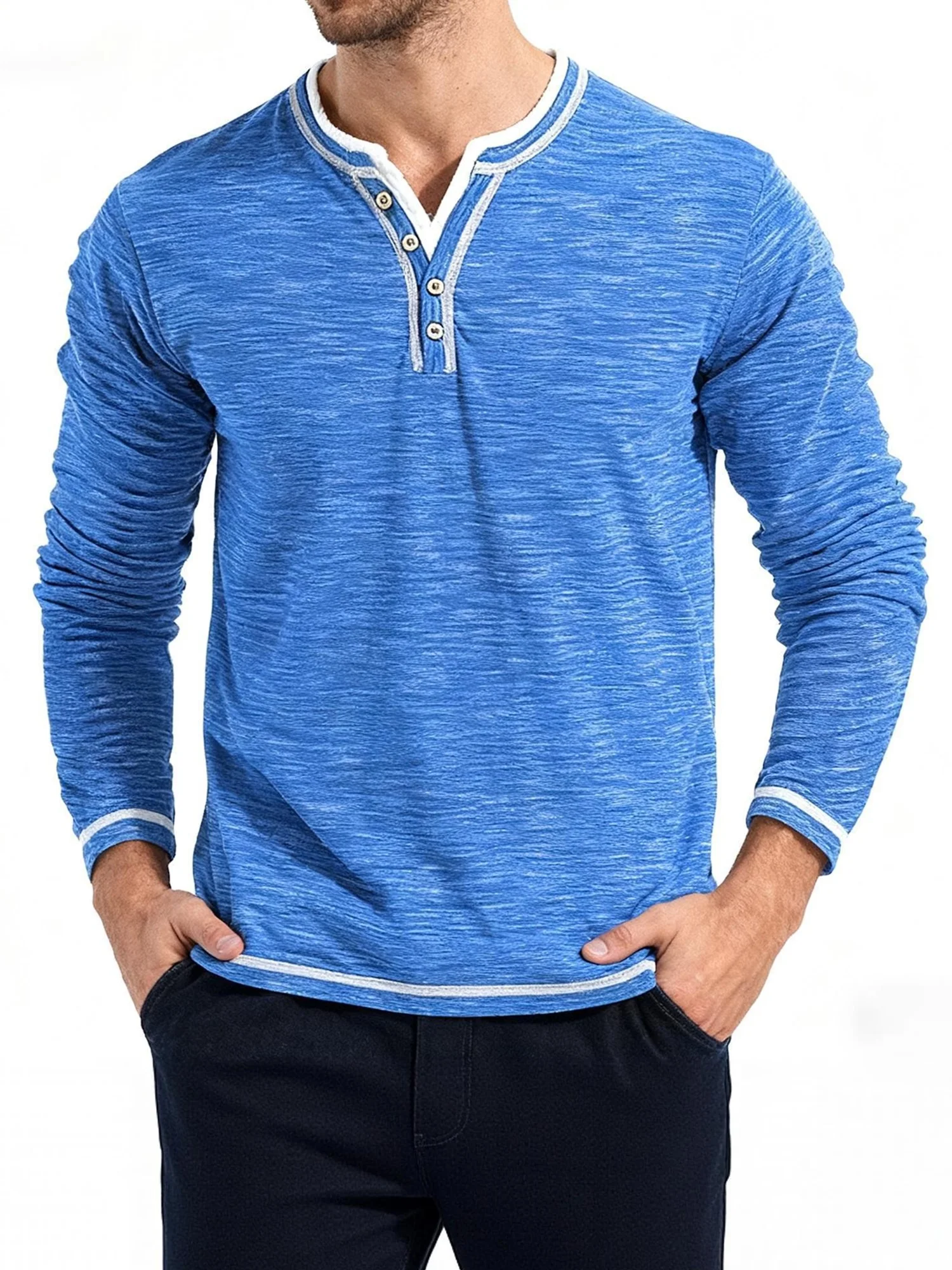 Men s Stylish Long Sleeve Henley Shirt with Contrast Trim and Half Button-up Detail Featuring a V Neck Design for a Casual