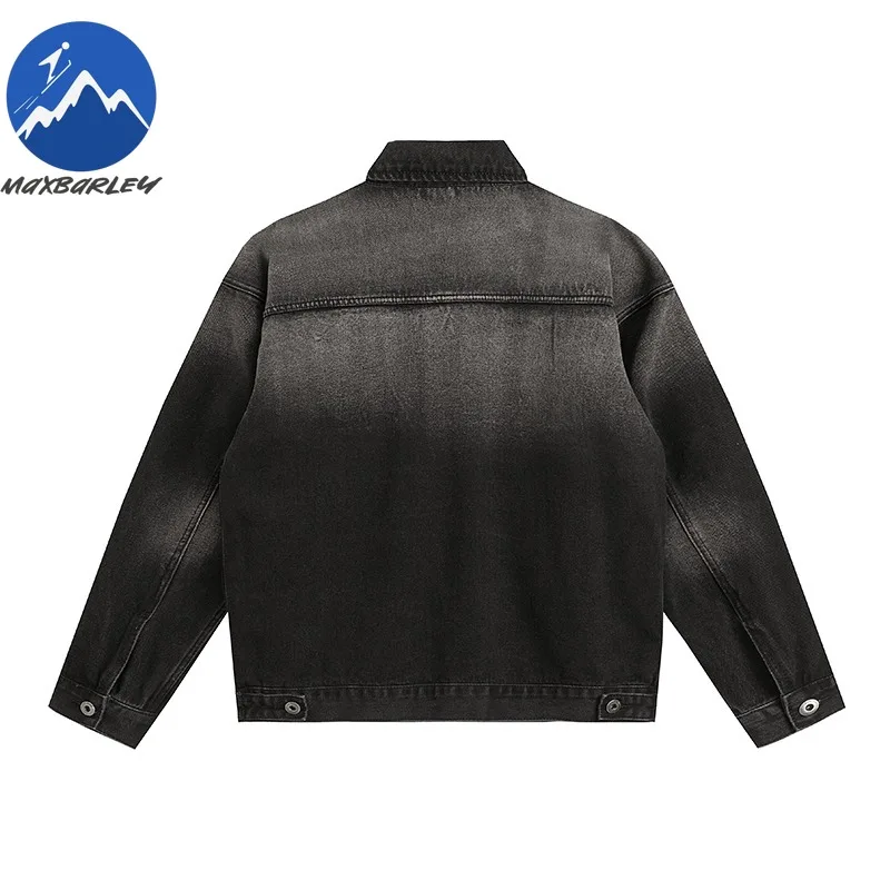 Maxbarley Bleached Black Denim Jacket Mens New Spring Autumn Ins Premium Loose Denim Coat American Wash Turndown Collar Garment