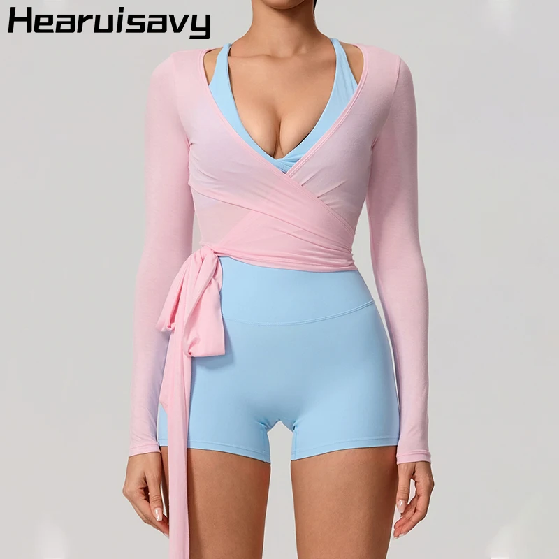 

Летняя женская футболка Hearuisavy с длинным рукавом для йоги, спортивная одежда для зала, повседневный дышащий быстросохнущий спортивный топ, топы-обертки для пилатеса и балета