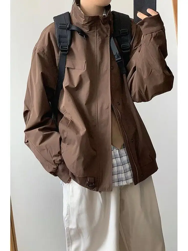 

Khaki Stand Collar Jaet Casual Loose Fit Pure Color Simple Sle for Men Spring Autumn New Arrival Outerwear Top