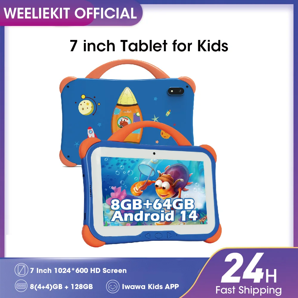 Tablet dla dzieci, 7-calowy tablet z Androidem 14, dla dzieci, ośmiordzeniowy, 8 GB RAM + 64 GB, WiFi6, bateria 4000 mAh, kontrola rodzicielska, obudowa odporna na wstrząsy, iWawa Play, Google Kids Space, prezent dla d