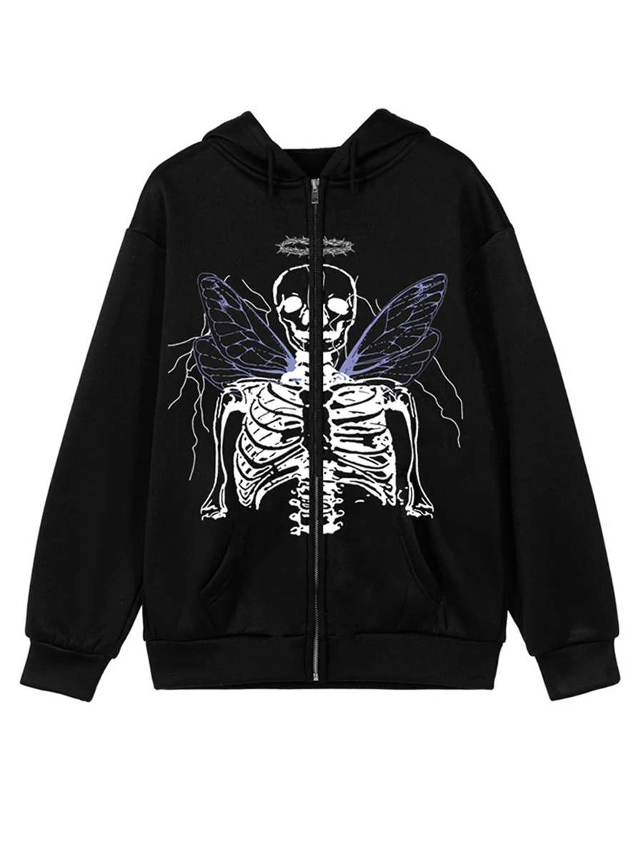 Women Men Skeleton Y2K Full Zip Up Hoodies Long Sleeve Skull Graphic Print Sweatshirt with Pockets Y2K Streetwear