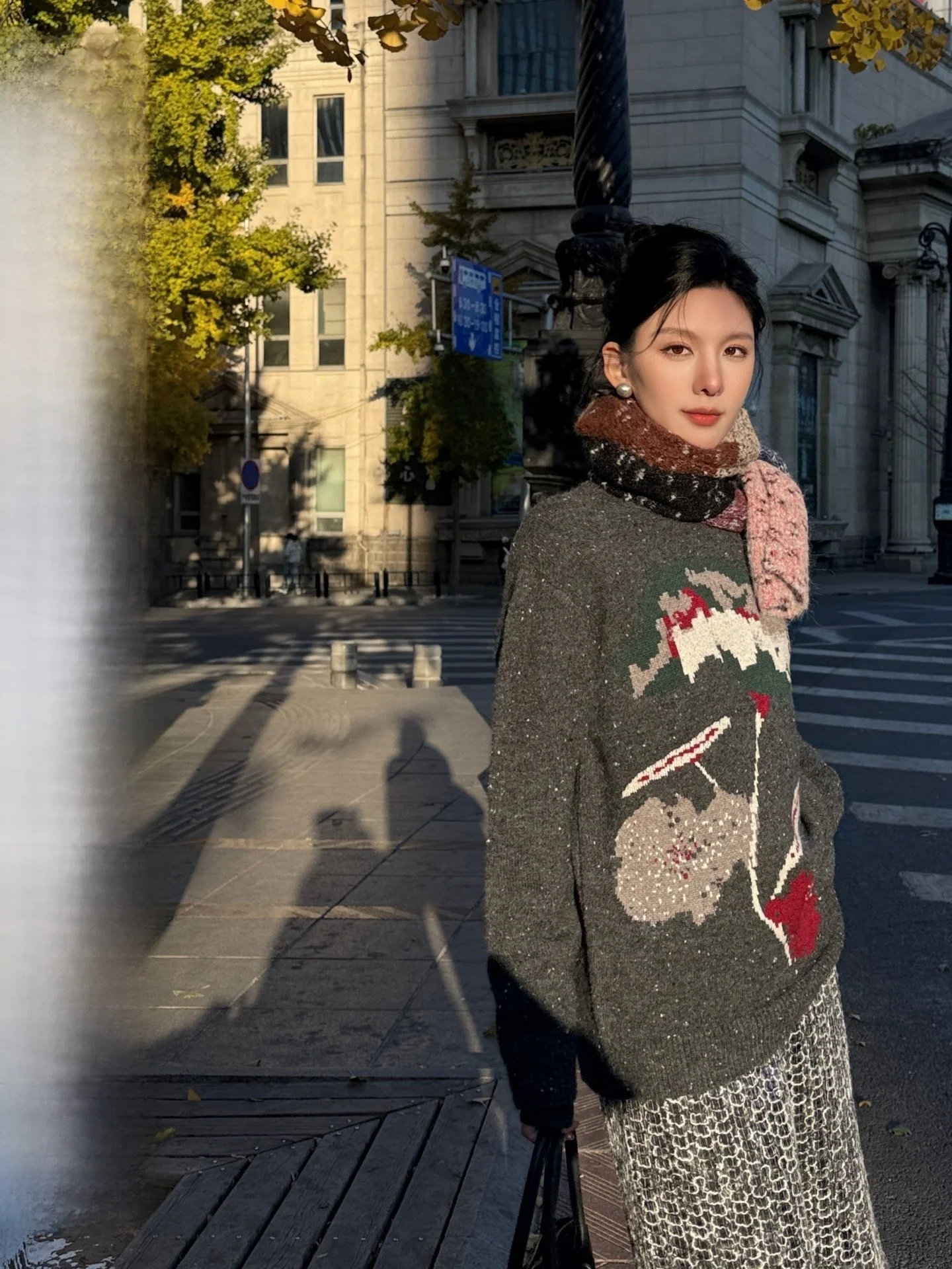 

Retro American Print round Ne Woolen Sweater Women's Loose Knitted Top Winter New Sle Polyester Blend Long Sve Thermal