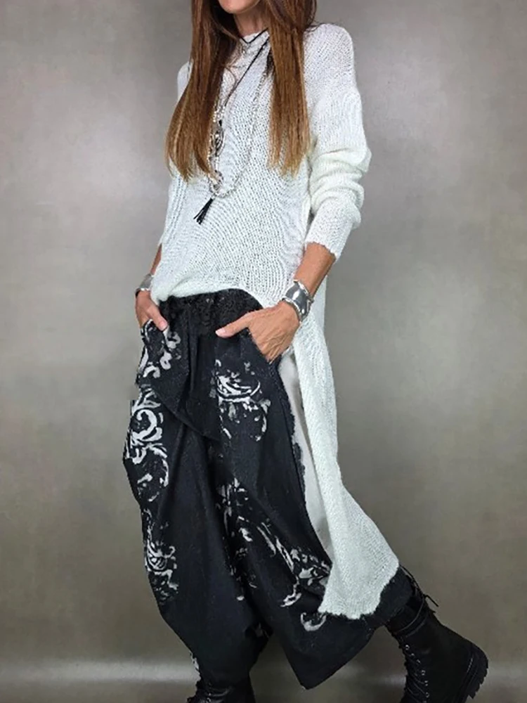 

Women O Neck Fashion Elegant Long Split Sweaters, Autumn Winter Solid Patchwork Chic Pullovers, Loose Casual Simple Ladies Tops