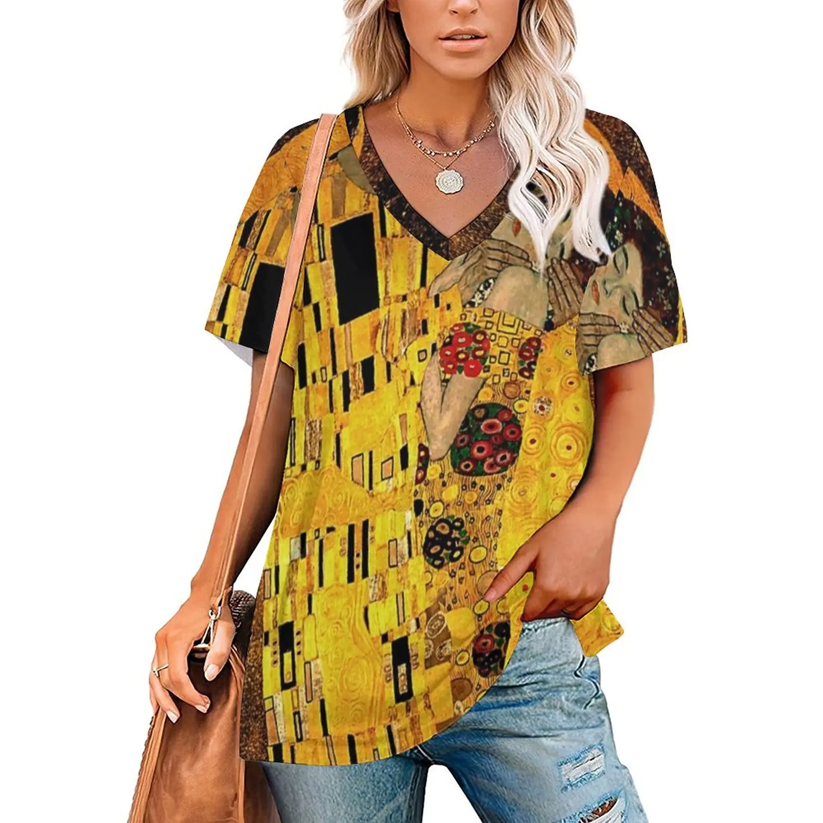 

Gustav Klimt T Shirt The Kiss Print Harajuku V Neck T Shirts Short Sleeve Fashion Tee Shirt Summer Design Top Tees Large Size