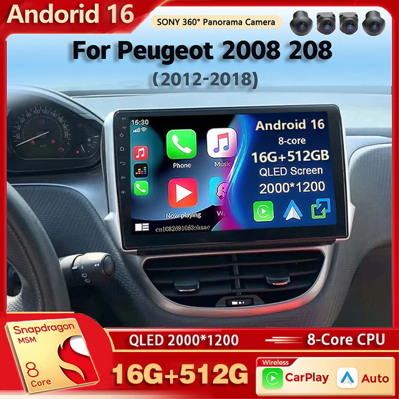 Radio Multimedia para Auto con Android 16 para Peugeot 2008 208, Sistema Multimedia 2012-2018, Auto Carplay, Estéreo para Auto, DSP, wifi+4G, BT