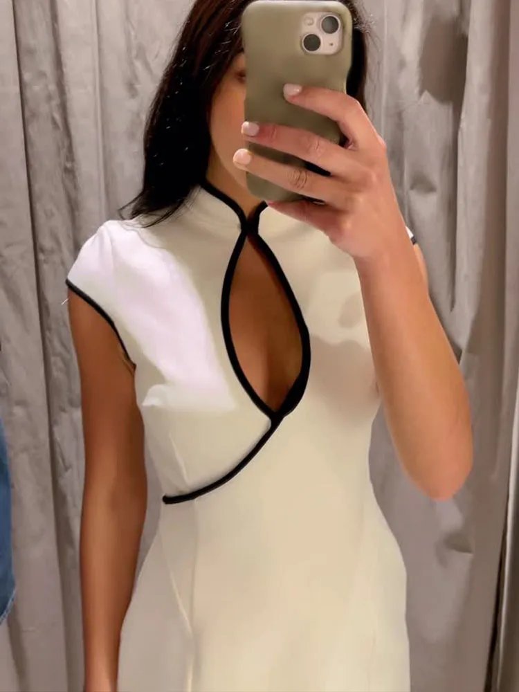 HH Women Fashion Contrast Crop Single Buckle Decoration Mini Dress Back Zipper Short Sleeve Dress Woman Elegant Slim Short Dress