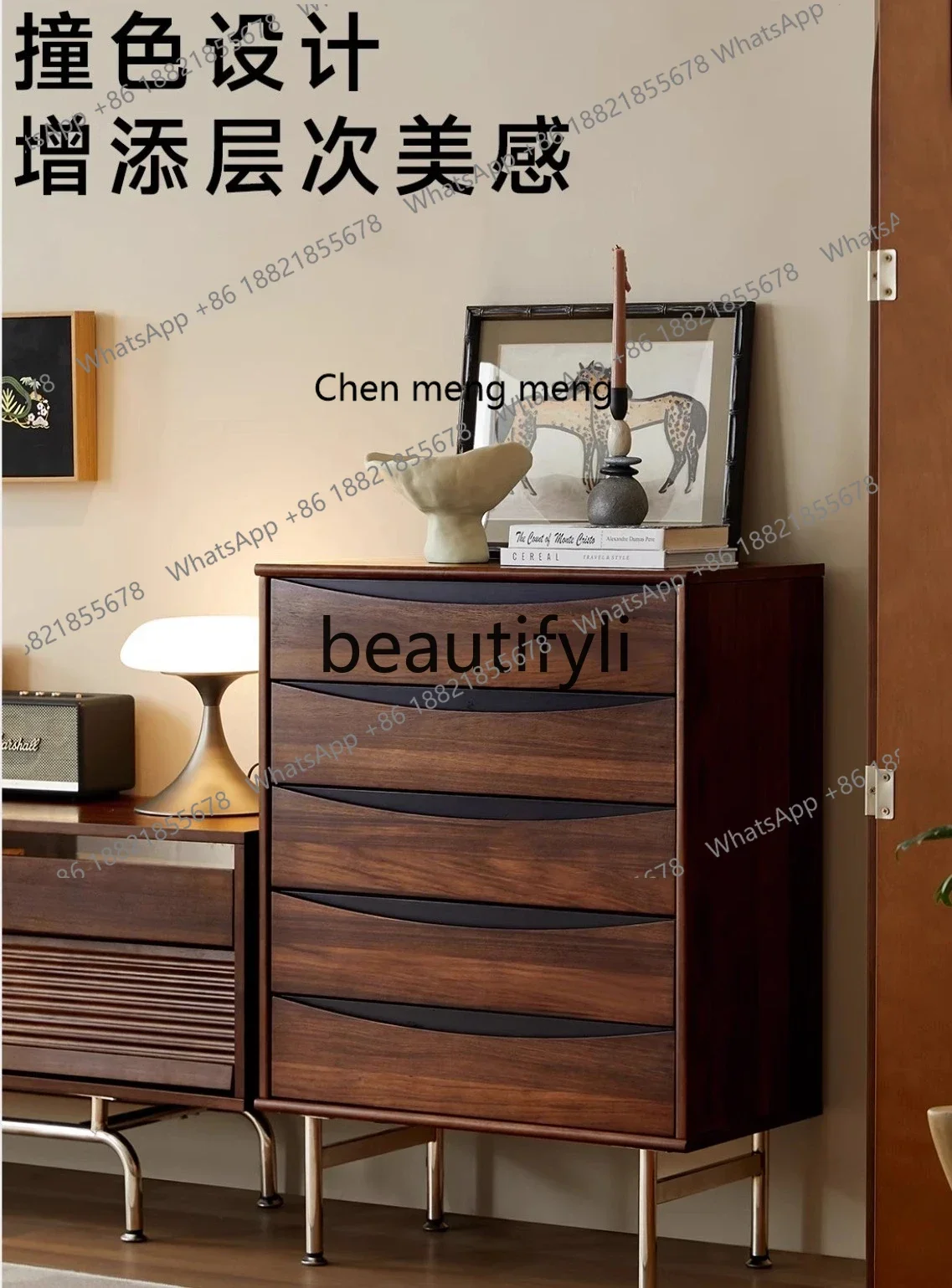 

CC Vintage Solid Wood Bedside Five-Drawer Storage Cabinet Living Room Wall-Mounted Storage Sofa Side Cabinet