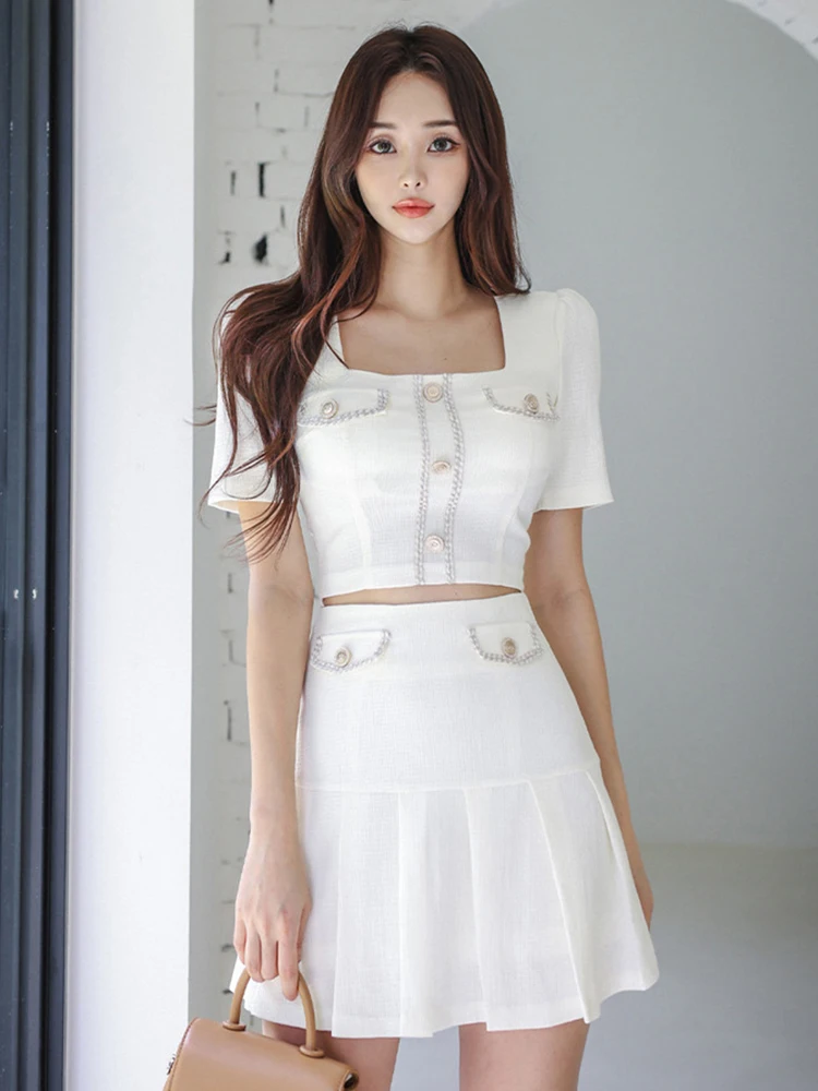 

Женская одежда Белая милая короткая одежда Сексуальные укороченные топы с квадратным вырезом Рубашка Блузка и мини-юбка с высокой талией Mujer Комплект из 2 предметов Новый