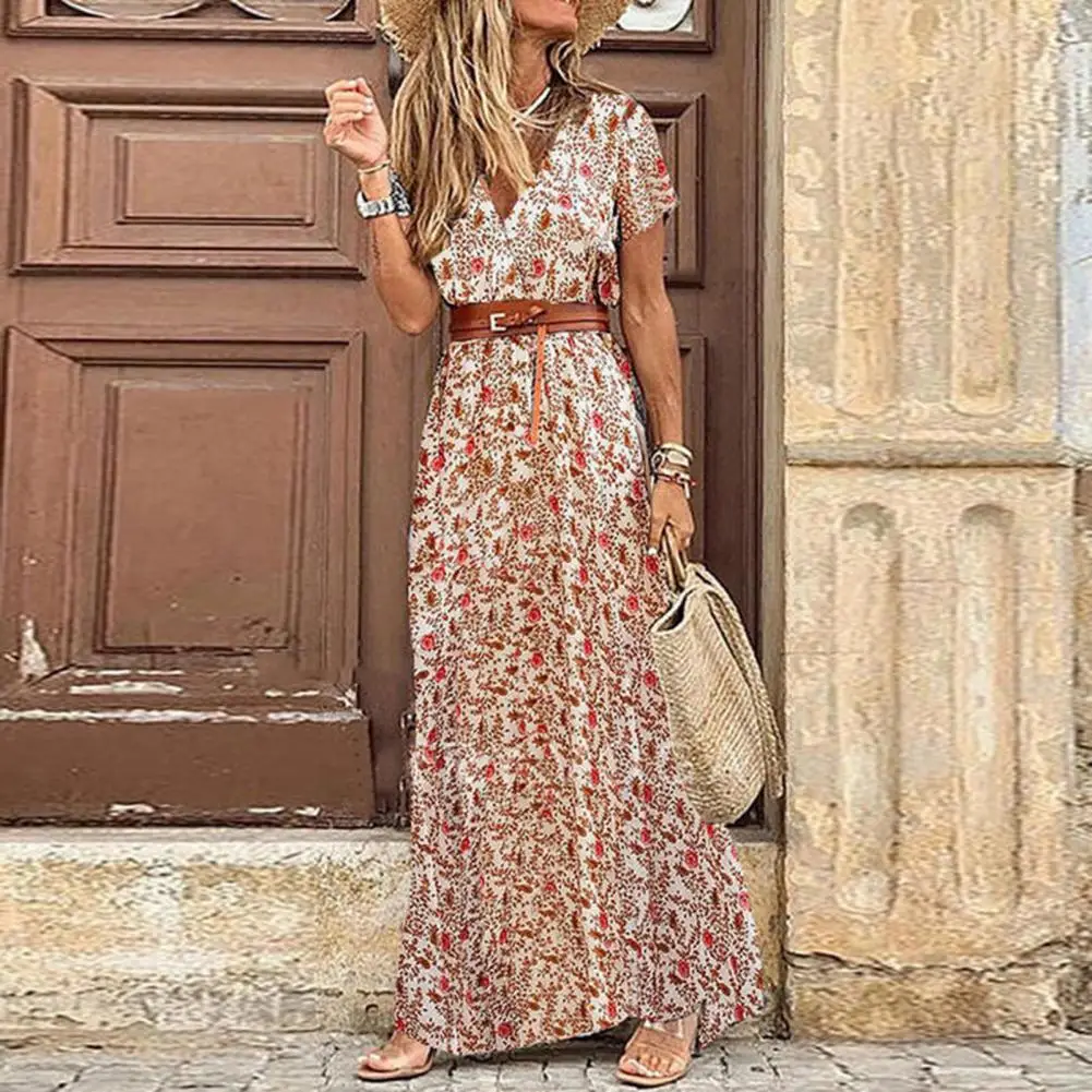 

Women's Chiffon dress Sexy Beach Dress Bohemian Lady Short Sleeve Paisley Print Belt Long Dress Chic High Slit Hem Maxi Dresses