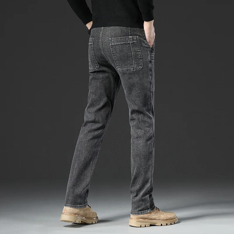6 جيوب تصميم الدينيم الجينز الرجال 2025 جديد مرونة عالية الدنيم بناطيل كاجوال مستقيم الذكور السراويل موضة منتصف الخصر الجينز
