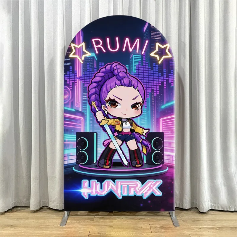 Non Elastic Kpop Demon Hunters Arch Backdrop Cover Single-layer Huntix Theme Backdrop for Party Decoration Featuring Zoey Rumi