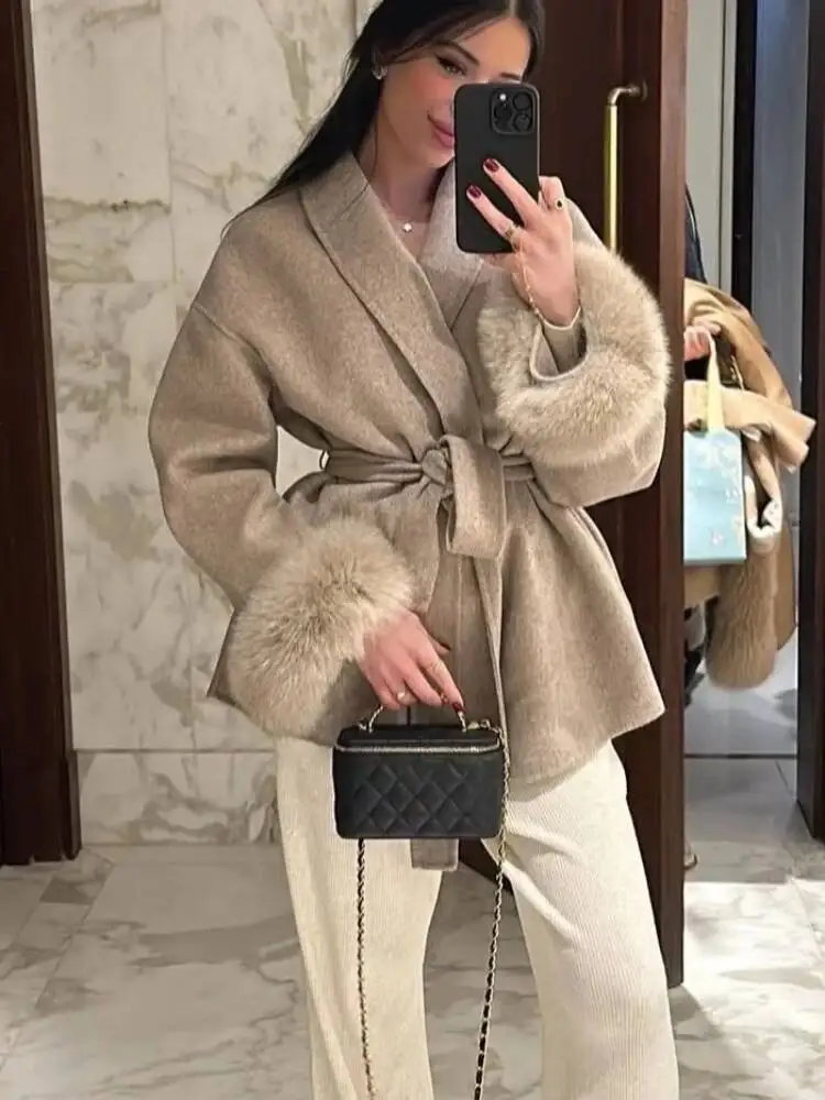 Elegant Lace Up Woolen Short Coat Solid Loose Lapel Furry Belt Long Sleeve Jacket Female 2025 Autumn Winter Lady Chic Cardigan