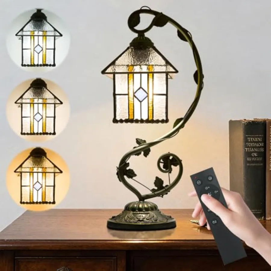 

Tiffany Stained Glass Lamp with Remote Control, Stepless Dimming and 3 Color Temperature Adjustment, 8 Inch Metal Leaf Base Inc