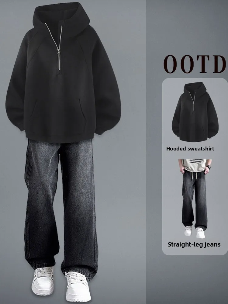 سترة بغطاء للرأس ثقيلة الوزن من American Sle Jaet للرجال للخريف والشتاء بياقة عالية وأرجل مستقيمة طقم جينز متطابق مع سحاب De... #4