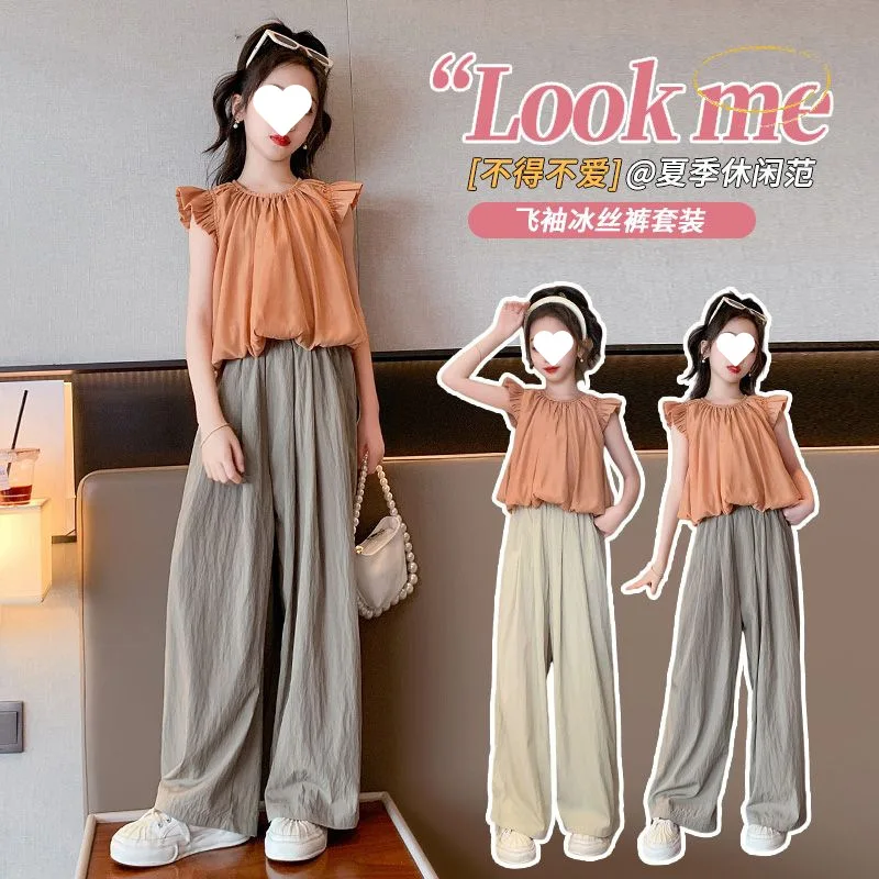 

2026 New Big Girls Fragrant Style Casual Sweet Set Chiffon Blouse T Shirt Wide Leg Pants Fashion Two Piece Outfit For Teen Girls