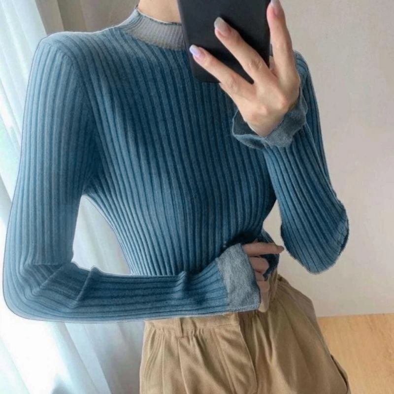 Women's 2023 Long Sleeve Mock Neck Ribbed Knit Sweater Fit Basic Casual N7YE