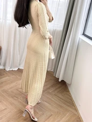 Mid length dress with gold yarn waistband knitted elegant temperament, 2024 summer new French style