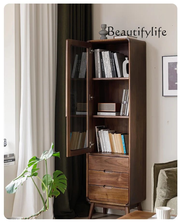 

North America Black Walnut Solid Wood Wine Cabinet Side Cabinet Clothes Closet Locker Single Door Nordic Bookcase Glass