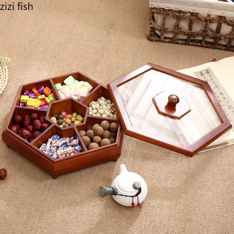Creative Pine Chinese Dried Fruit Box Living Room Split with Candy Cover Box Wood Nut Snack Solid Wood Storage