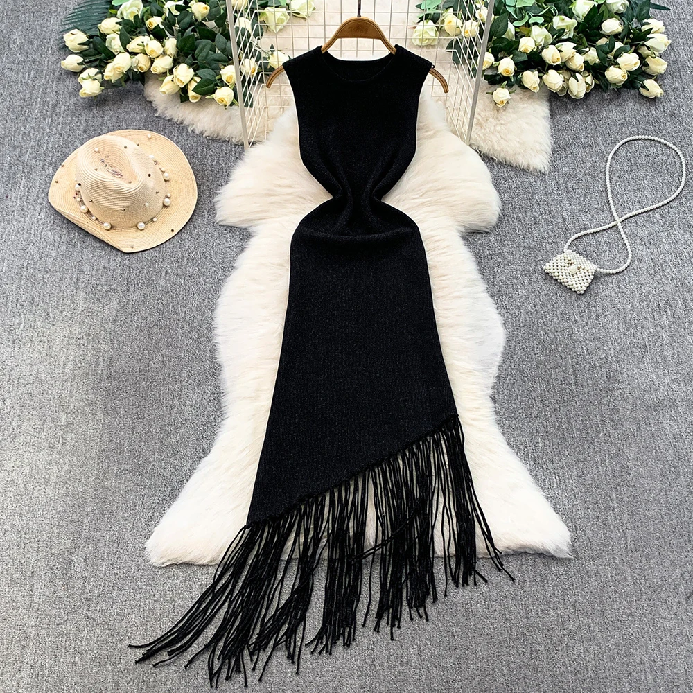 

Elegant Shiny Knitted Straight Dress Women's Irregular Tassel Casual Solid Color O-neck Sleeveless 2025 New Vest Dresses