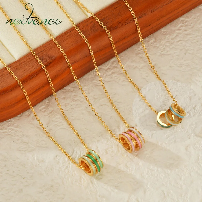 Nextvance INS Style Three-color Ring Necklace Pink Green Blue Drop Oil Charms For Women Stainless Steel Choker Jewelry Gifts