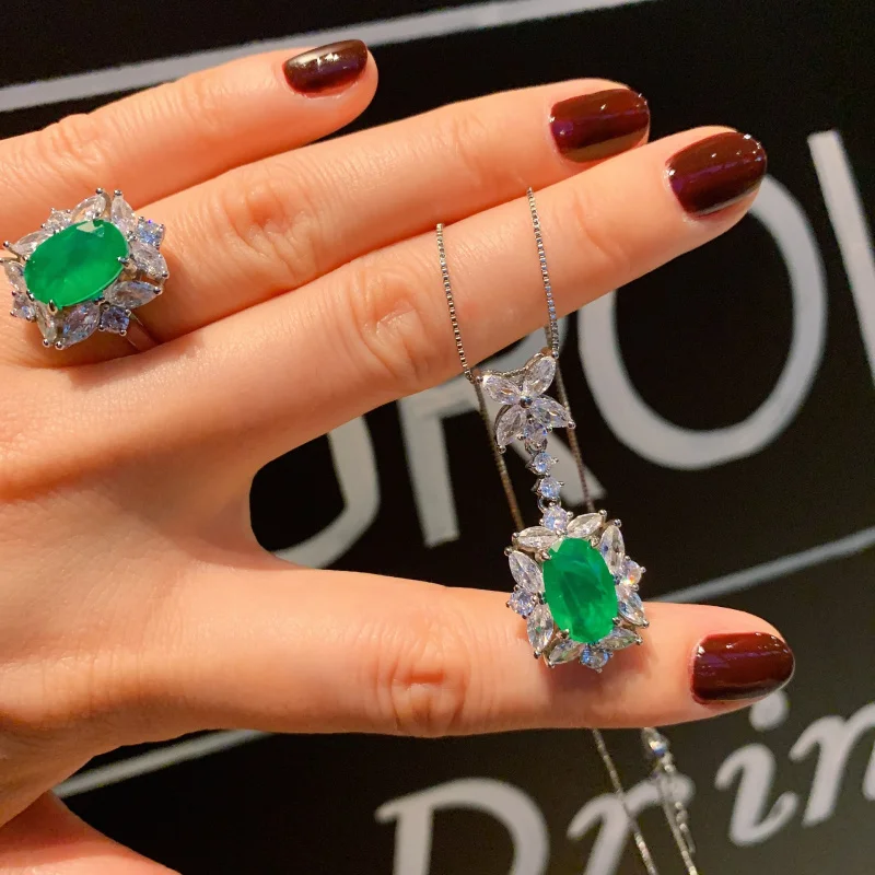 Jewelry European and American Retro Gemstone Sapphire Earrings Pendant Ring Fresh Style Jewelry Set Wholesale