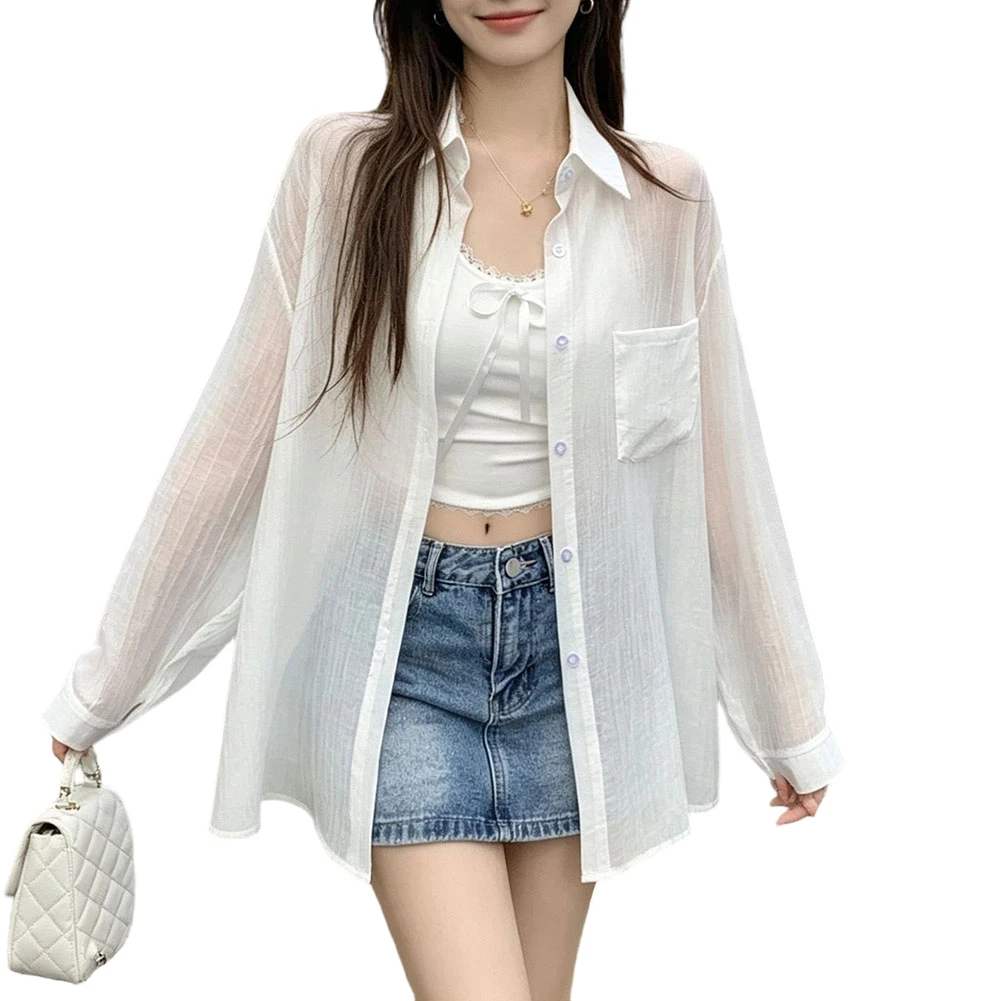 Women Korean Style Loose Textured Long Sleeve Blouse Sun Protective Cardigan Regular Length Lapel Neck Daily Wear