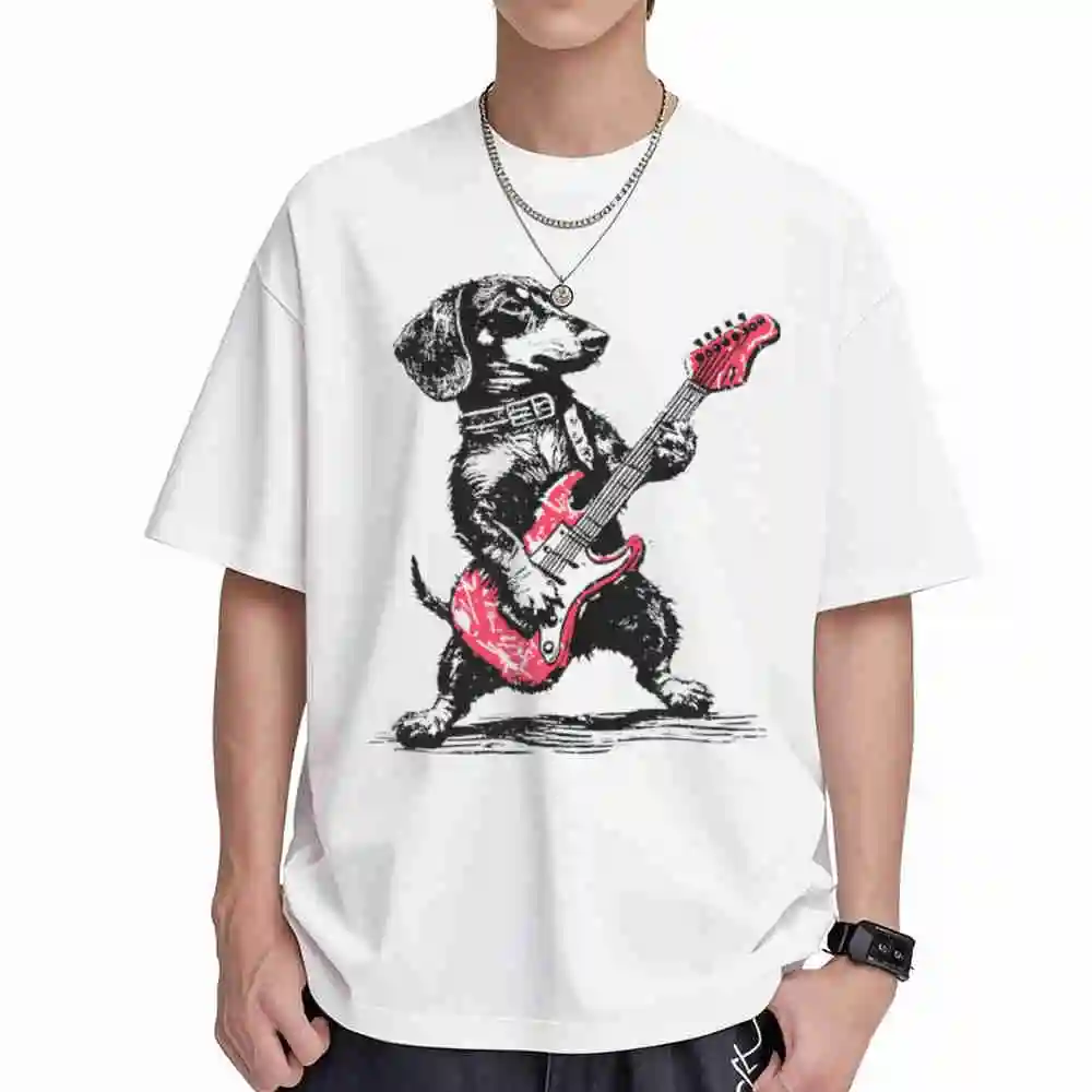 Vintage Dachshund Playing Guitar Weenie Rock And Roll Short Sleeve Tee 100% Cotton T-Shirt