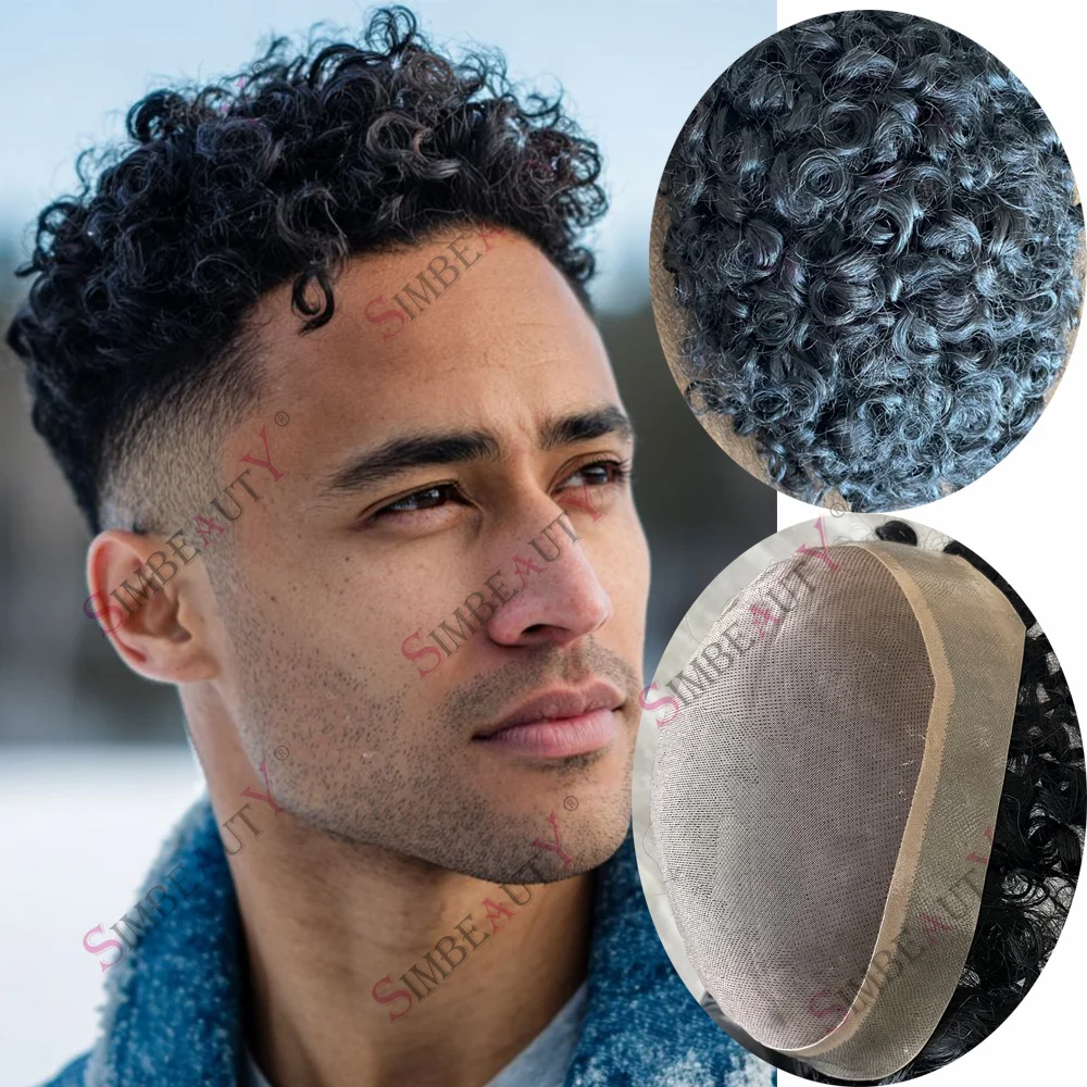 

Male Hair Prosthesis 15mm/18mm Curly Men's Wig Breathable Toupee Mono Mesh Lace PU System For Bald Men Durable Natural Human Hai