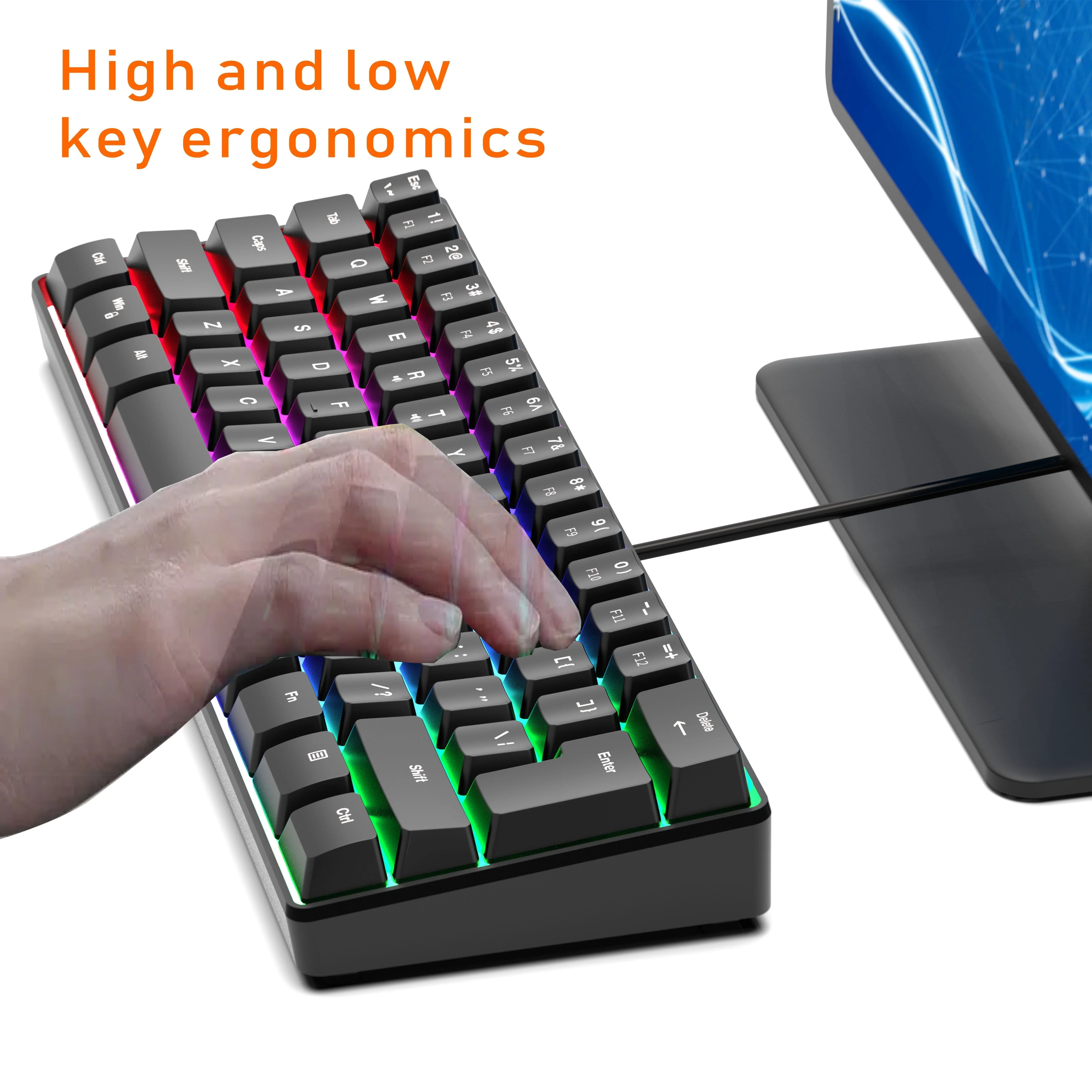 Black RGB Colorful Luminous Gaming Keyboard, Mini 60% Scale 61 Keys Translucent USB Keyboard, Portable Ergonomic High Low Key De