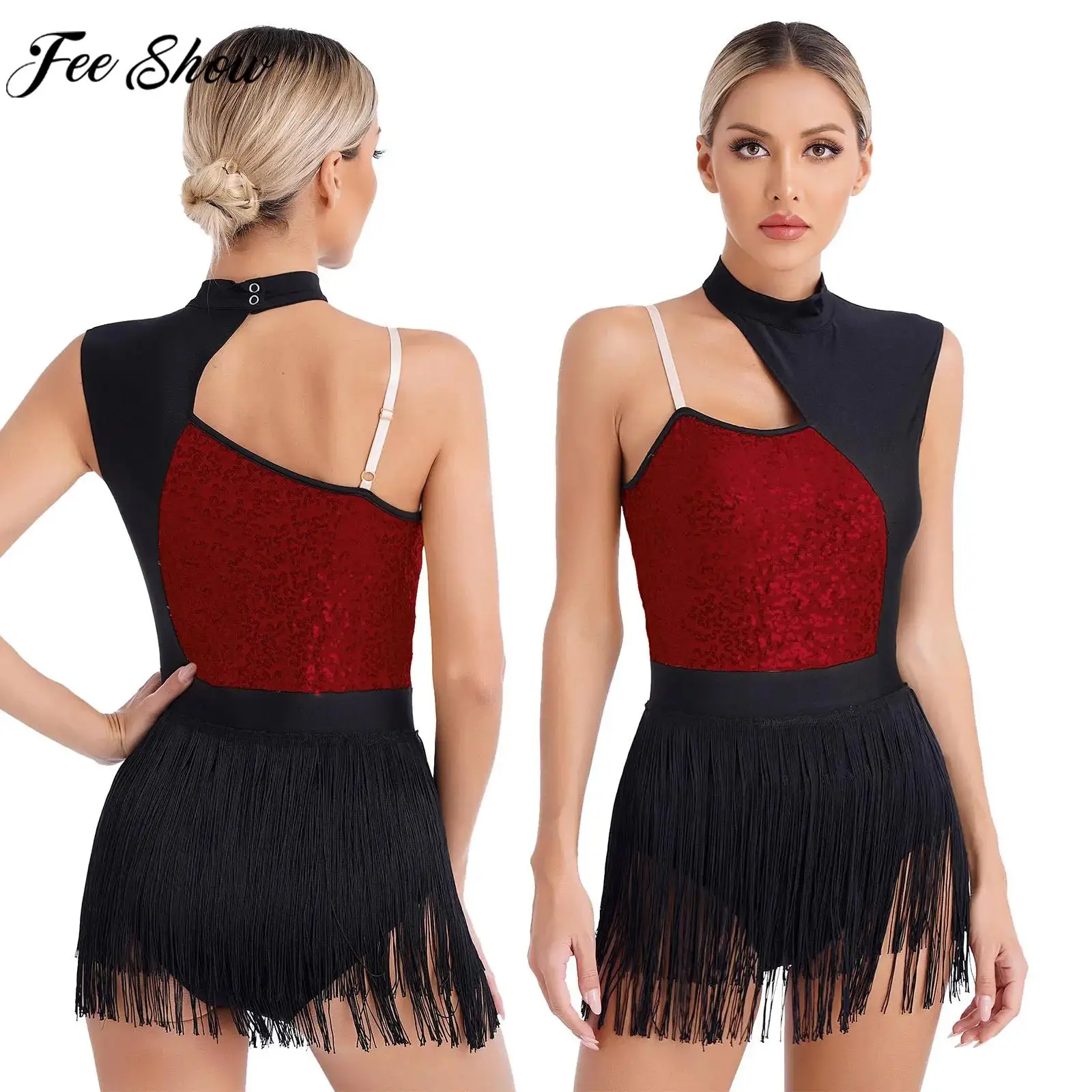 Women Latin Dance Tango Rumba Samba Cha-Cha Stage Performance Costume Sleeveless Shiny Sequin Fringed Leotard Dress Dancewear