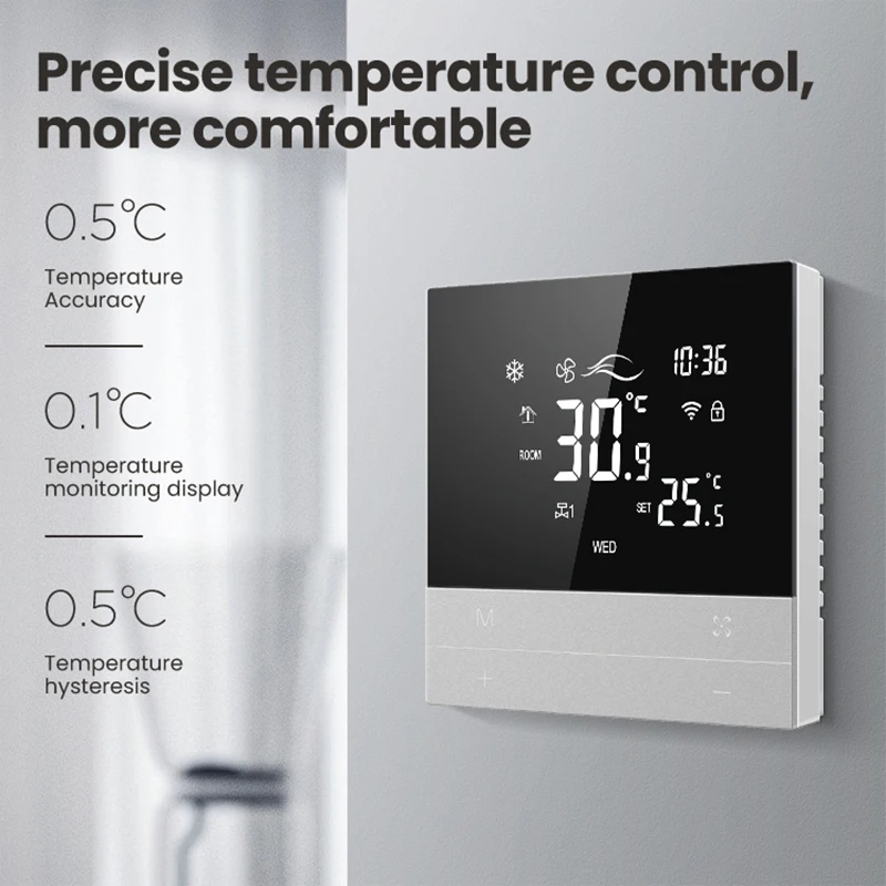 AVATTO Tuya WiFi Termostat AC Sentral Pintar, Fungsi Pemanasan dan Pendinginan Kumparan Kipas 3 Kecepatan untuk Alexa Google Home