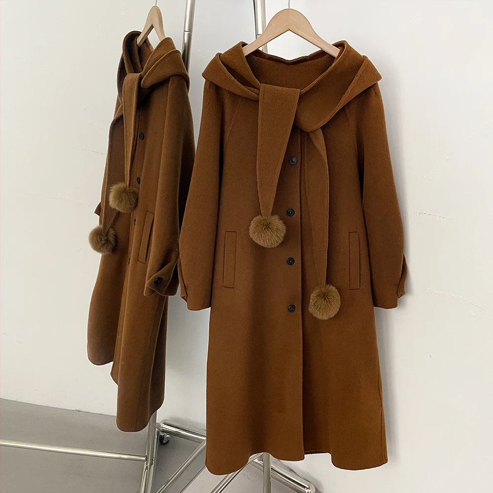 OFTBUY Langer, einreihiger, warmer, eleganter Wollmantel für Damen, Winter 2025, neuer Damen-Wollmantel mit Kapuze und Pelzbommel-Details. – Detail 8