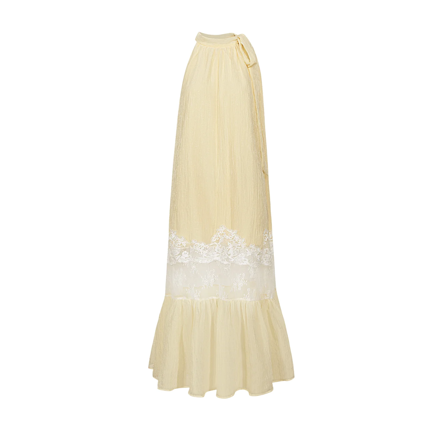 AEL Original Seaside Vacation Hellgelbes Neckholder-Kleid für Damen, Sommer 2026, mit Spitzenapplikationen, elegantes Kleid – Detail 6