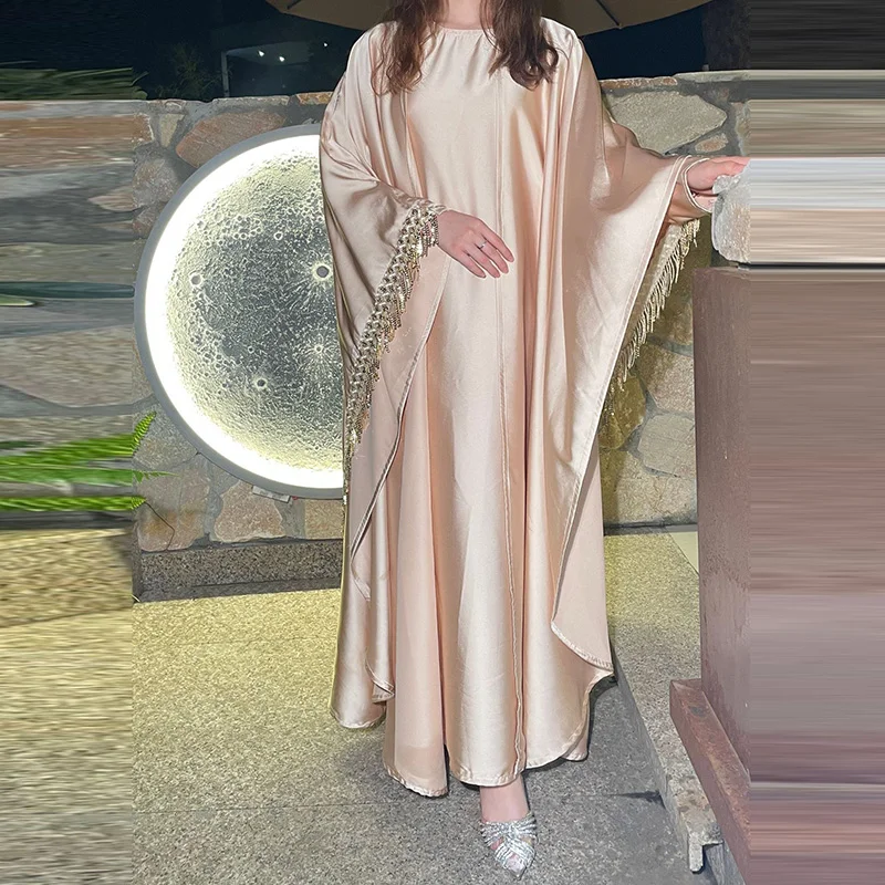 

Модный халат с кисточками, модная длинная юбка с круглым вырезом и кардиган, костюм для женщин, повседневный атласный однотонный свободный комплект из 2 предметов с рукавами «летучая мышь»