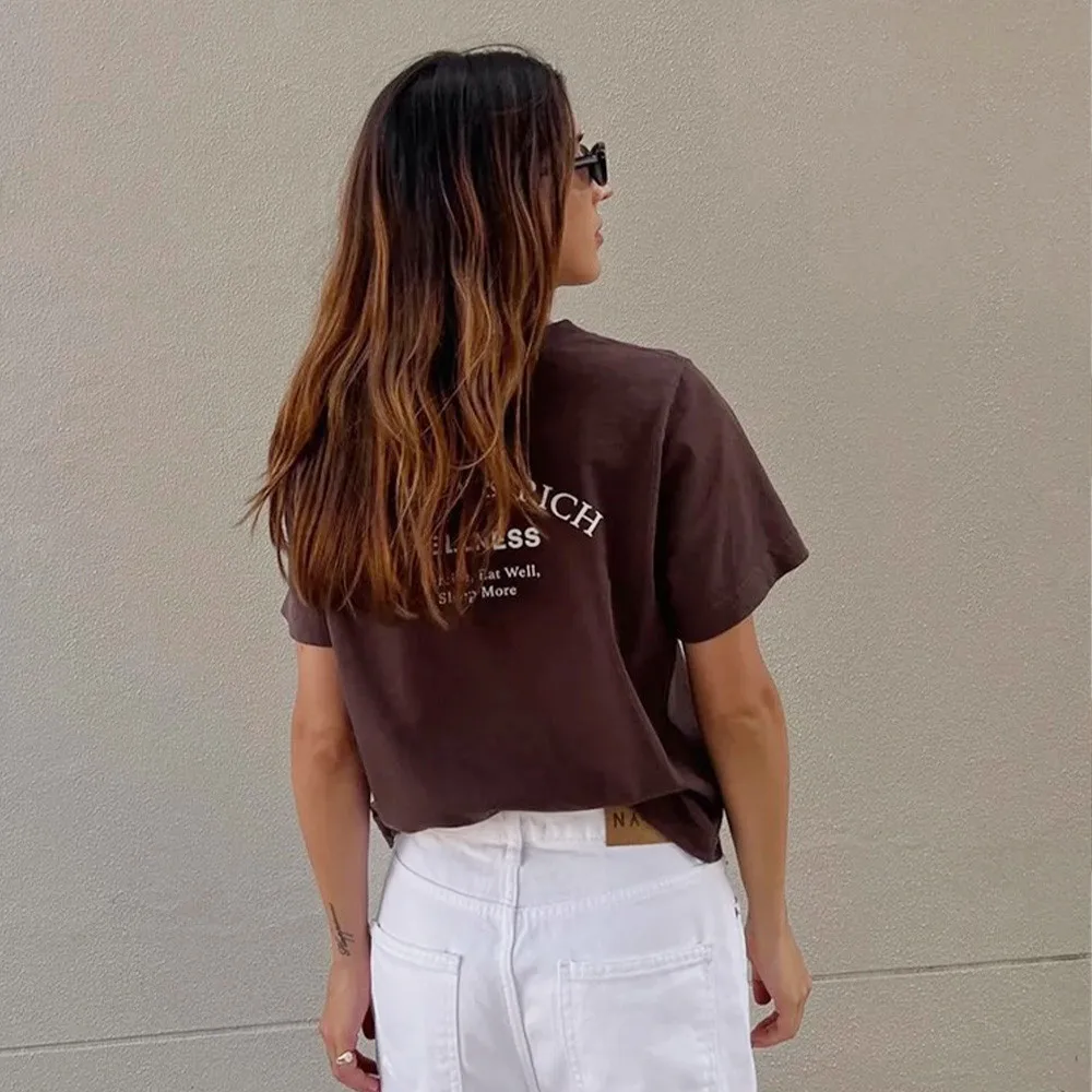 American Vintage Letters Printing Chocolate T Shirts Short Sleeve Loose Cotton Casual Summer Tops 90s Street Fashion Tees Women