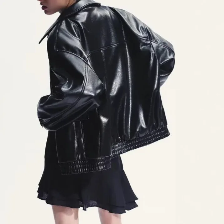 Women's Loose ort Biker Pilot PU Leather Jaet 2025 New Autumn Vintage Sle Pure Color Faion Outerwear Coat
