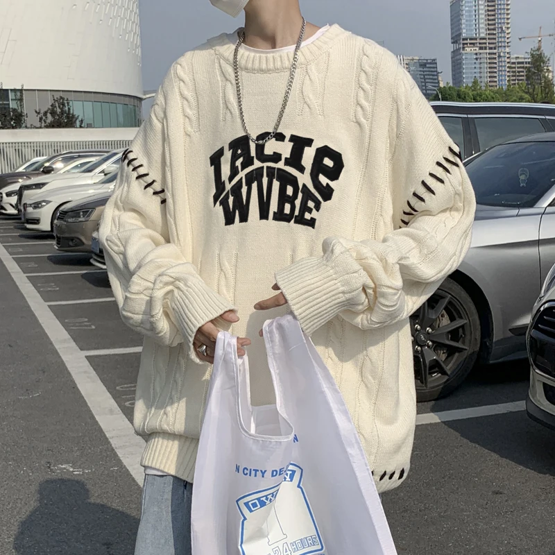 

Мужской свитер с ручной вышивкой, свободного кроя, с круглым вырезом, повседневный, комфортный, дышащий, теплый, с длинными рукавами, молодежный стиль